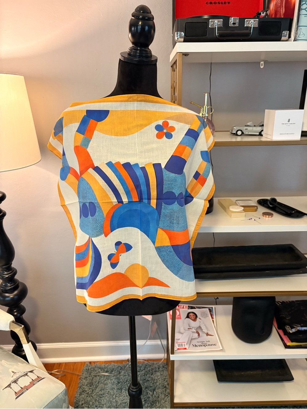 Abstract Colorblock Silk Wrap Scarf in Blue, Orange & Yellow